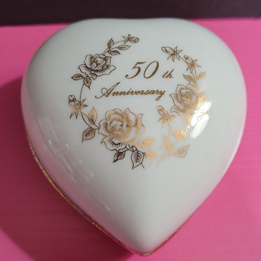 Vintage Enesco White Heart-Shaped 50th Anniversary Trinket Box